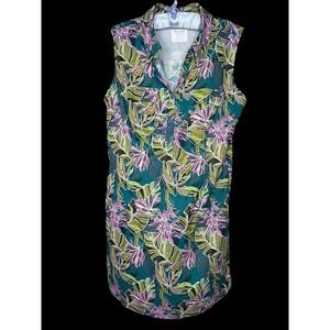 Reel Legends Mariner Women L Teal Tropical Floral Fishing Shirt Dress Sleeveless